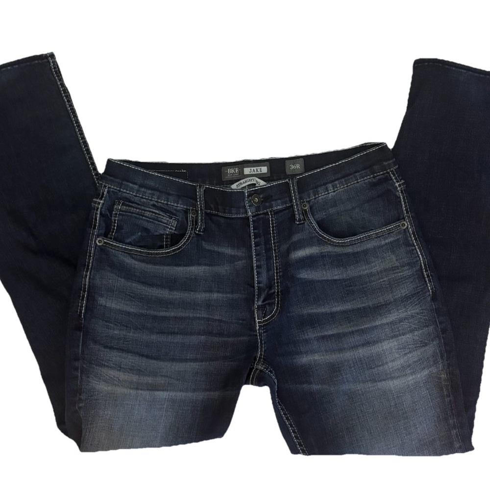 BKE Jake Straight Men's Size 34R Medium Wash Embroidered Denim Blue Jeans